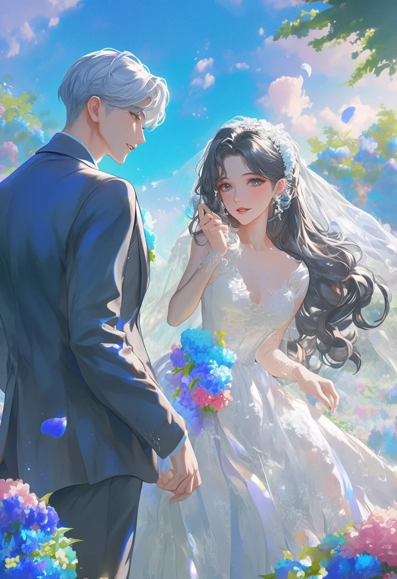 hình ảnh cưới anime với khung cảnh thơ mộng